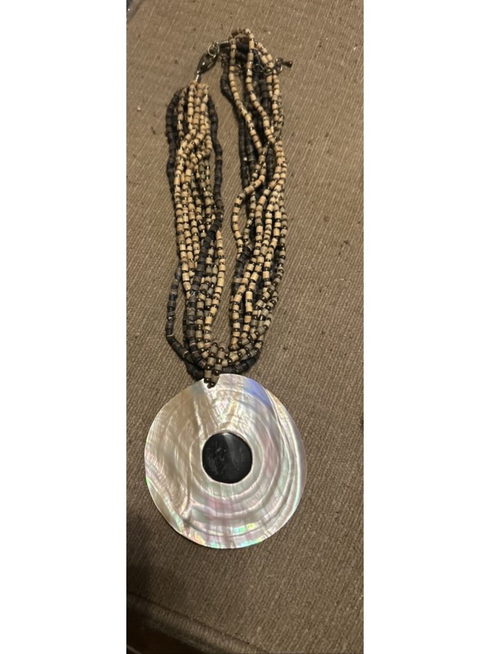 Vintage Boho Brown Wood Multi Strand Bead Necklace Large Shell Pendant Statement